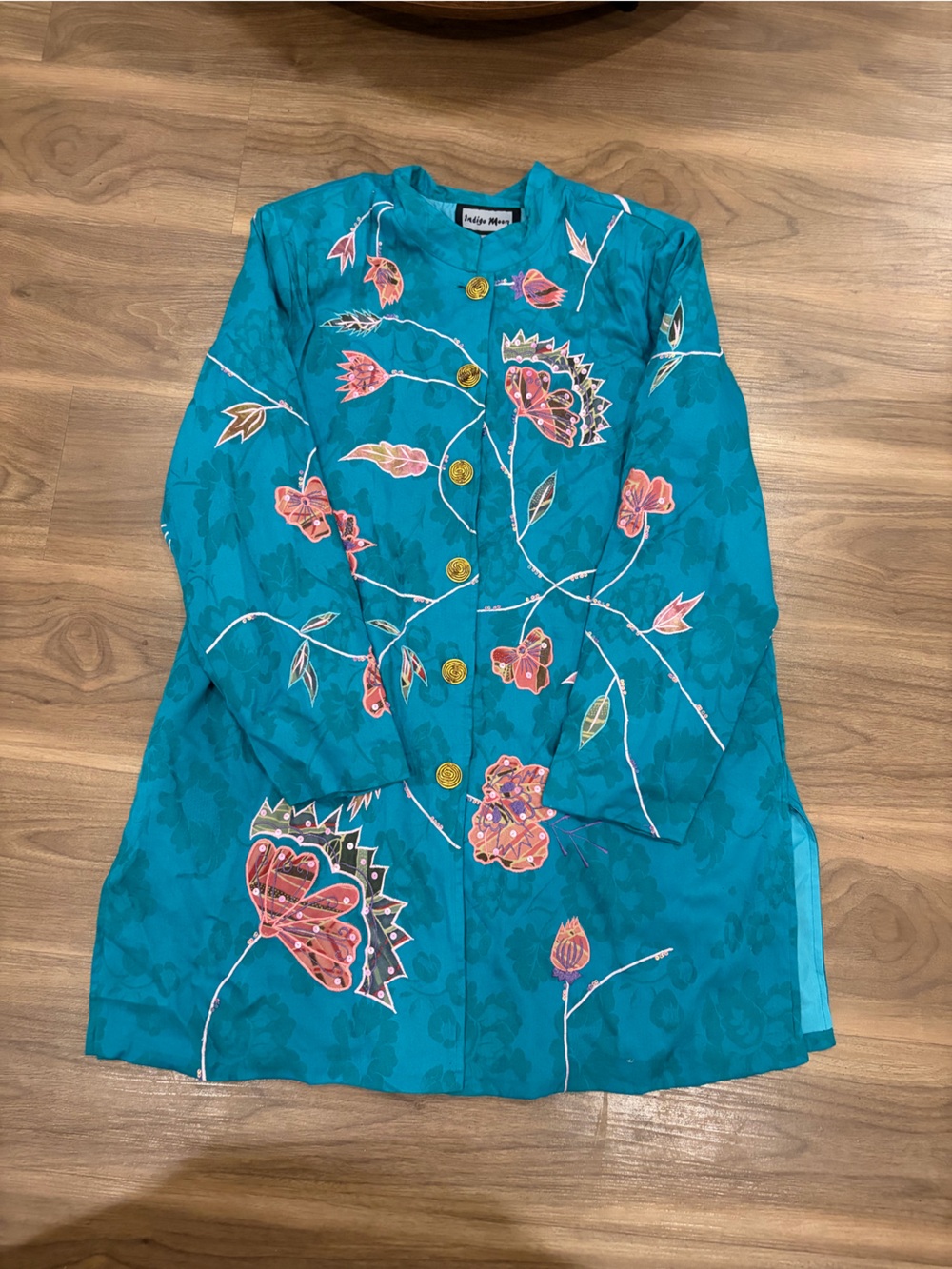 Teal Floral Embroidered Button-Front Jacket Dress